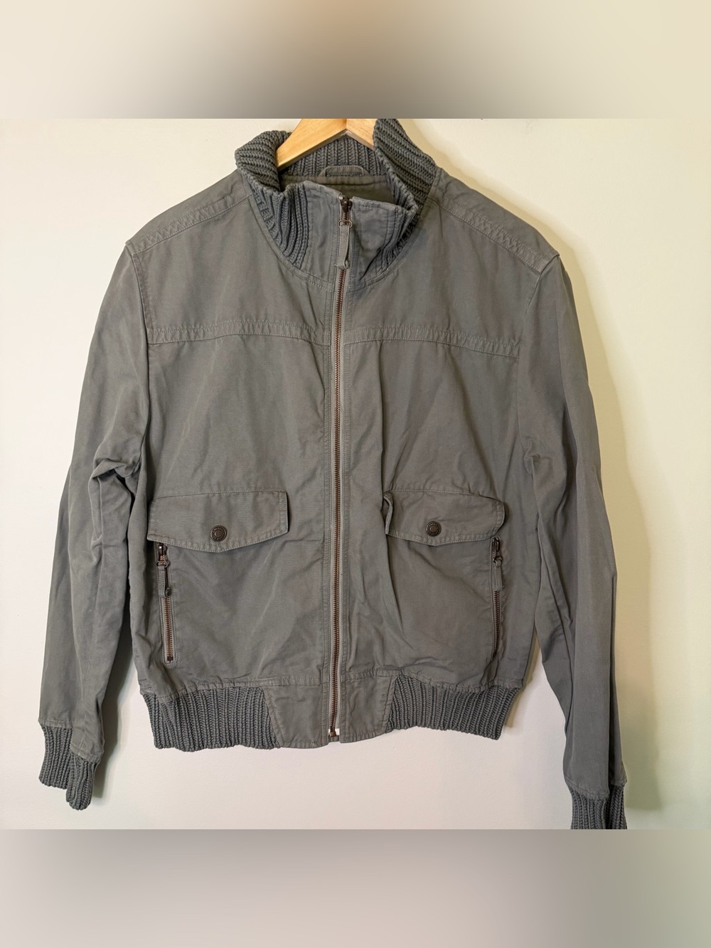 Zara Women’s Utility Bomber Jacket XL Gray Full Zip Ribbed Collar Moto Coat